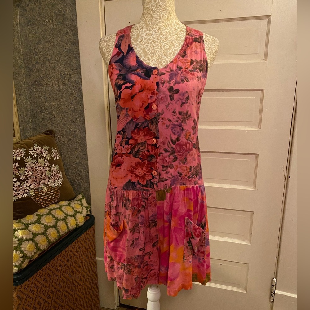 Vtg y2k pink floral sleeveless romper skort dress with pockets rayon sz small